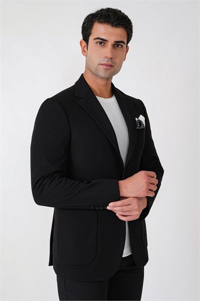 Slim Fit Torba Cepli Esnek Yünlü Siyah Ceket C 745