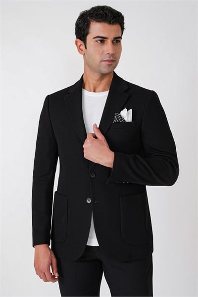 Slim Fit Torba Cepli Esnek Yünlü Siyah Ceket C 745