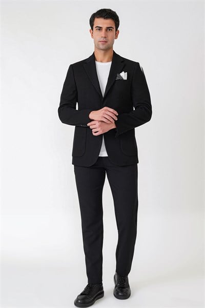 Slim Fit Torba Cepli Esnek Yünlü Siyah Ceket C 745