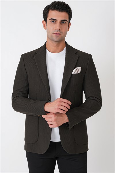 Slim Fit Torba Cepli Fitilli Dokuma Esnek Yünlü Haki Ceket C 747