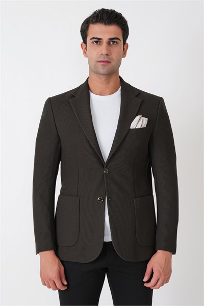 Slim Fit Torba Cepli Fitilli Dokuma Esnek Yünlü Haki Ceket C 747