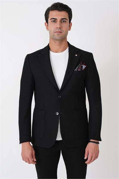 Slim Fit Torba Cepli Fitilli Dokuma Esnek Yünlü Siyah Ceket C 747