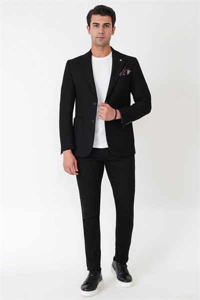 Slim Fit Torba Cepli Fitilli Dokuma Esnek Yünlü Siyah Ceket C 747