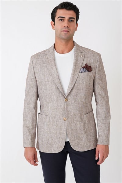 Slim Fit Torba Cepli Kırçıllı Dokuma Esnek Pamuklu Bej Ceket C 748