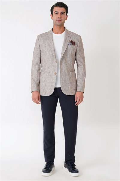 Slim Fit Torba Cepli Kırçıllı Dokuma Esnek Pamuklu Bej Ceket C 748