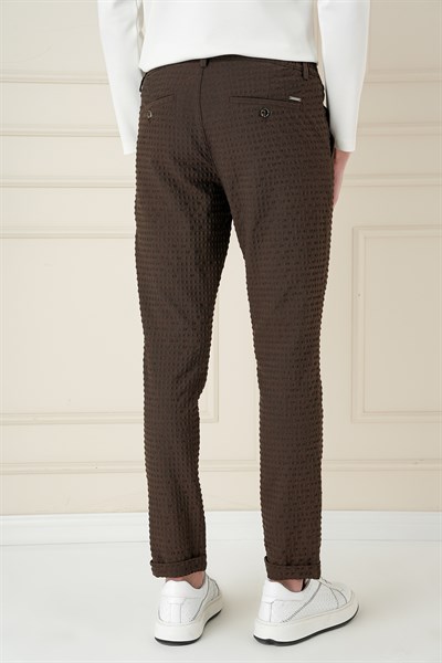 Slim Fit Waffle Kumaş Esnek Pamuk Kahverengi Pantolon P 1168