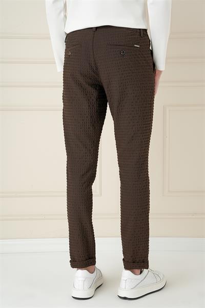Slim Fit Waffle Kumaş Esnek Pamuk Kahverengi Pantolon P 1168