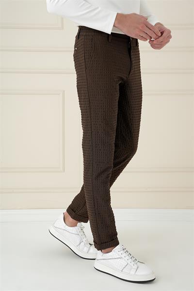 Slim Fit Waffle Kumaş Esnek Pamuk Kahverengi Pantolon P 1168