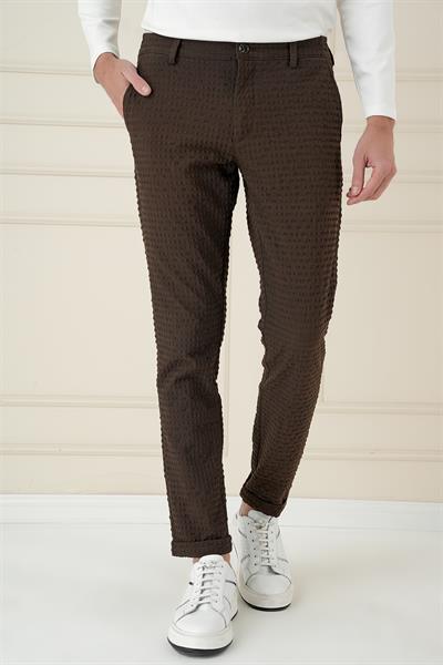 Slim Fit Waffle Kumaş Esnek Pamuk Kahverengi Pantolon P 1168