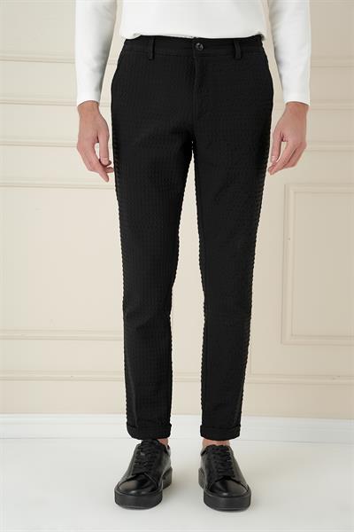 Slim Fit Waffle Kumaş Esnek Pamuk Siyah Pantolon P 1168