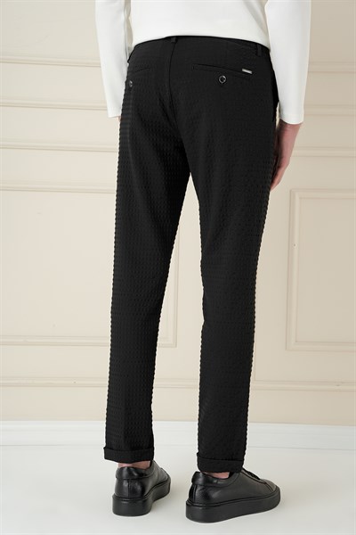 Slim Fit Waffle Kumaş Esnek Pamuk Siyah Pantolon P 1168