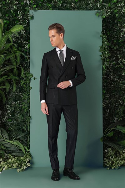 Slim Fit Yağmur Deseni Çizgili Kruvaze Klasik Siyah Takım Elbise  Tk 888