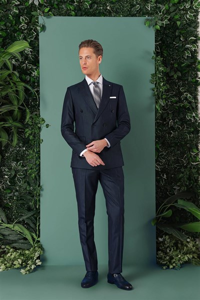 Slim Fit Yağmur Deseni Çizgili Kruvaze Klasik Lacivert Takım Elbise  Tk 888