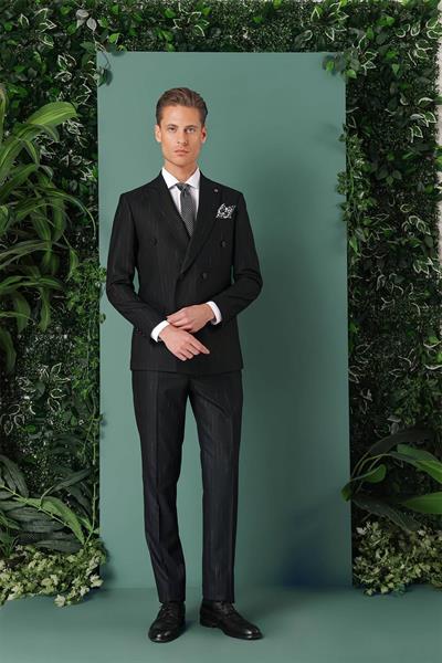 Slim Fit Yağmur Deseni Çizgili Kruvaze Klasik Siyah Takım Elbise  Tk 888