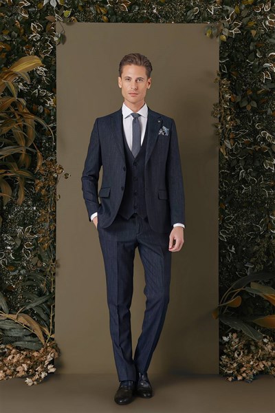 Slim Fit Yağmur Desenli Esnek Lacivert Yelekli Takım Elbise TK 883