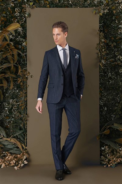 Slim Fit Yağmur Desenli Esnek Lacivert Yelekli Takım Elbise TK 883