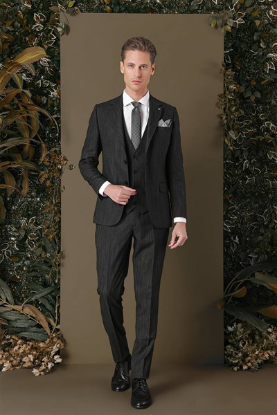Slim Fit Yağmur Desenli Esnek Siyah Yelekli Takım Elbise TK 883
