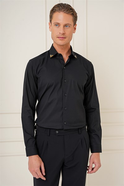 Slim Fit Yaka Ucu Demir Tasarımlı Esnek Pamuk Siyah Gömlek G 1577