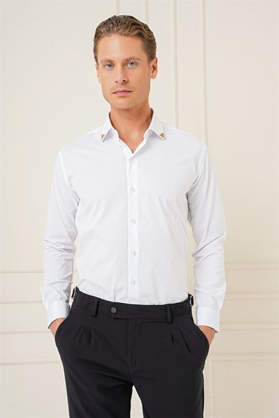 Slim Fit Yaka Ucu Demir Tasarımlı Esnek Pamuk Beyaz Gömlek G 1577