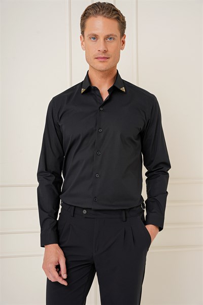 Slim Fit Yaka Ucu Demir Tasarımlı Esnek Pamuk Siyah Gömlek G 1577