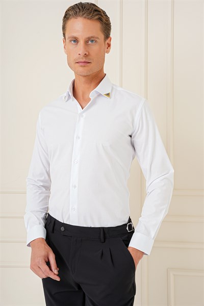 Slim Fit Yaka Ucu Demir Tasarımlı Esnek Pamuk Beyaz Gömlek G 1577