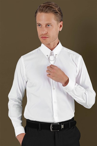 Slim Fit Yaka Zincirli %100 Pamuk Düz Beyaz Gömlek GK 703