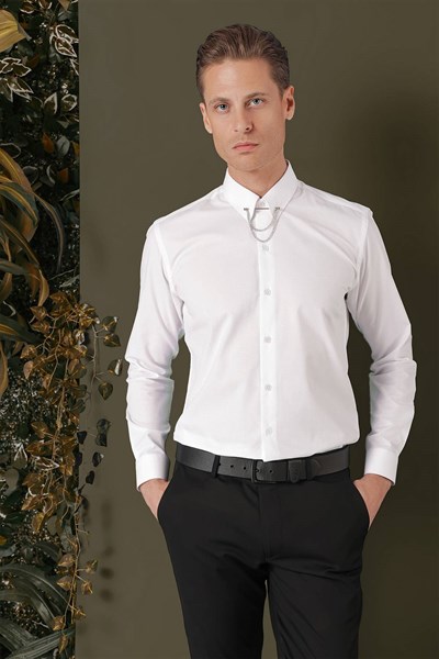 Slim Fit Yaka Zincirli %100 Pamuk Düz Beyaz Gömlek GK 707