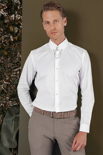 Slim Fit Yaka Zincirli %100 Pamuk Düz Beyaz Gömlek GK 704