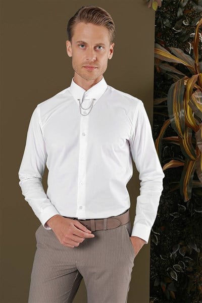 Slim Fit Yaka Zincirli %100 Pamuk Düz Beyaz Gömlek GK 704