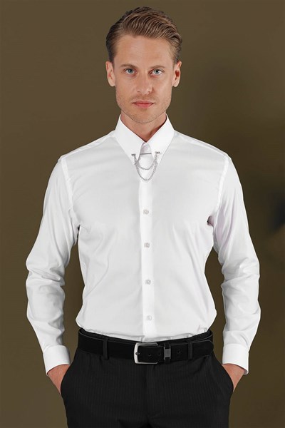 Slim Fit Yaka Zincirli %100 Pamuk Düz Beyaz Gömlek GK 703