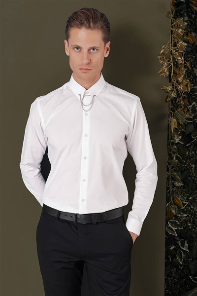 Slim Fit Yaka Zincirli %100 Pamuk Düz Beyaz Gömlek GK 707