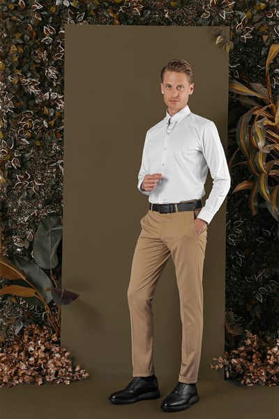 Slim Fit Yaka Zincirli %100 Pamuk Düz Mavi Gömlek GK 704