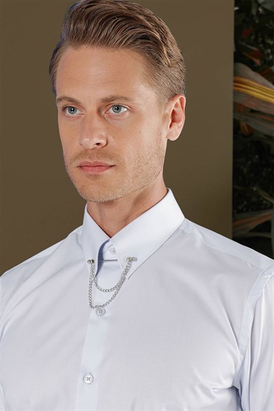 Slim Fit Yaka Zincirli %100 Pamuk Düz Mavi Gömlek GK 704