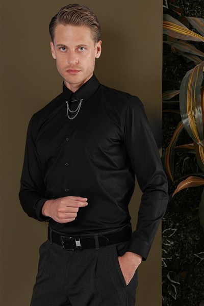 Slim Fit Yaka Zincirli %100 Pamuk Düz Siyah Gömlek GK 704