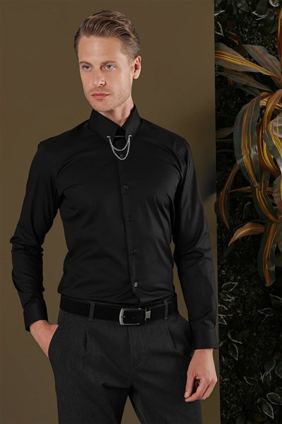 Slim Fit Yaka Zincirli %100 Pamuk Düz Siyah Gömlek GK 704