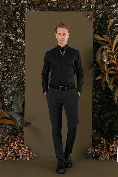 Slim Fit Yaka Zincirli %100 Pamuk Düz Siyah Gömlek GK 704