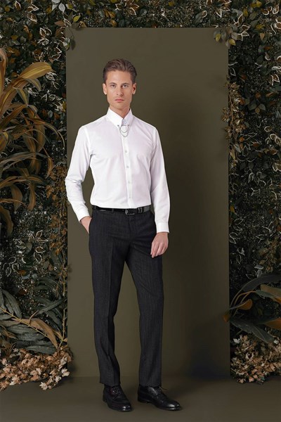 Slim Fit Yaka Zincirli Pamuklu Düz Beyaz Gömlek GK 710