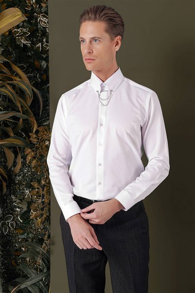 Slim Fit Yaka Zincirli Pamuklu Düz Beyaz Gömlek GK 710