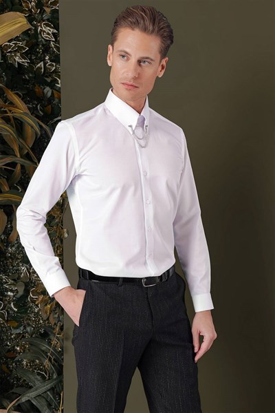 Slim Fit Yaka Zincirli Pamuklu Düz Beyaz Gömlek GK 710