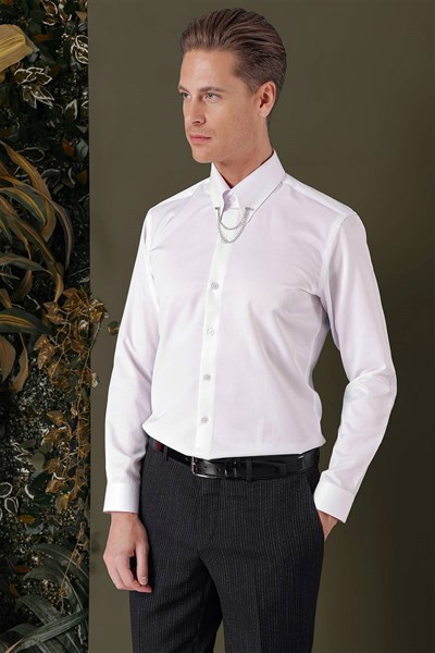 Slim Fit Yaka Zincirli Pamuklu Düz Beyaz Gömlek GK 710