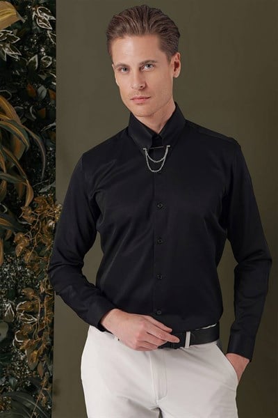 Slim Fit Yaka Zincirli Pamuklu Düz Siyah Gömlek GK 710