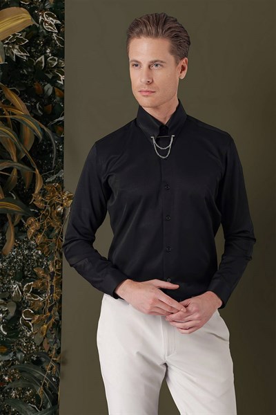 Slim Fit Yaka Zincirli Pamuklu Düz Siyah Gömlek GK 710