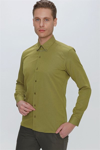 Slim Fit Yaka Zincirli ve Düğmeli Pamuklu Hardal Gömlek GK 664