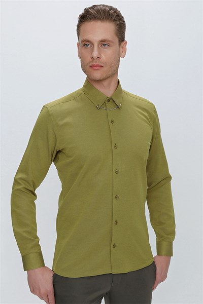 Slim Fit Yaka Zincirli ve Düğmeli Pamuklu Hardal Gömlek GK 664