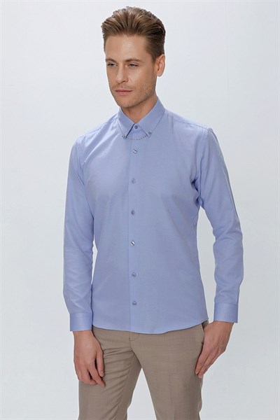 Slim Fit Yaka Zincirli ve Düğmeli Pamuklu Mavi Gömlek GK 664