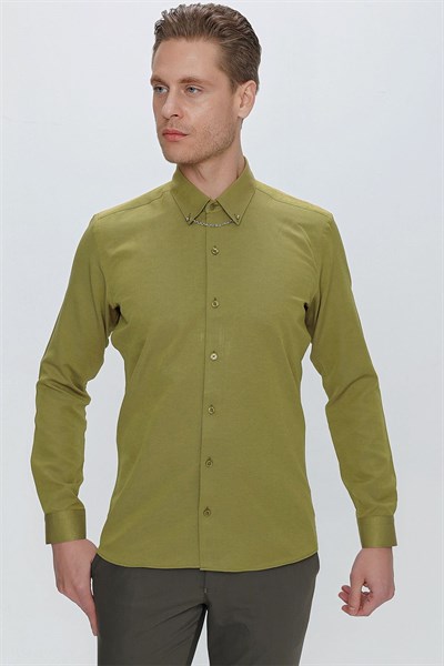 Slim Fit Yaka Zincirli ve Düğmeli Pamuklu Hardal Gömlek GK 664