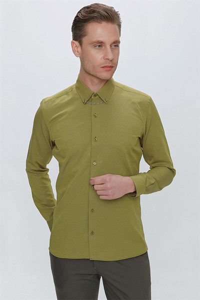 Slim Fit Yaka Zincirli ve Düğmeli Pamuklu Hardal Gömlek GK 664