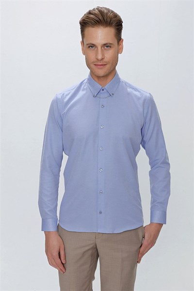 Slim Fit Yaka Zincirli ve Düğmeli Pamuklu Mavi Gömlek GK 664