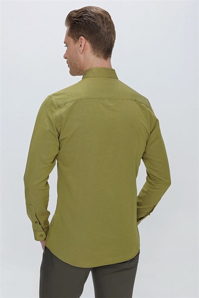 Slim Fit Yaka Zincirli ve Düğmeli Pamuklu Hardal Gömlek GK 664