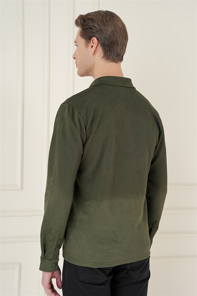 Slim Fit Yan Cep Degrade Desenli Çıtçıtlı Pamuklu Haki Gömlek Ceket G 1578